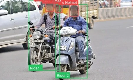 AI detection showing helmet violations on motorcyclists